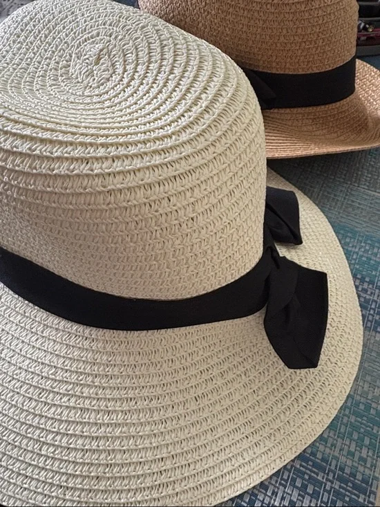 3 Wide Brim Straw Sun Hats with Black Ribbon NWOT - Picture 4 of 4